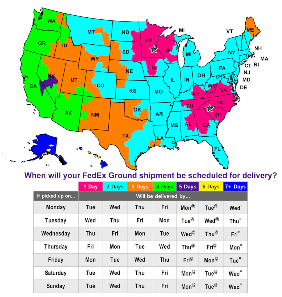 A FedEx shipping map with color-coordinated zones.