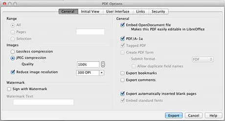 Print settings panels in Libre for saving a PDF.