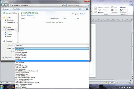 Print settings panels in Microsoft Publisher for saving a PDF.