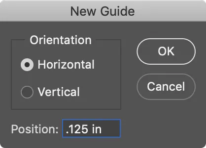 A New Guide panel open with horizontal orientation selected.