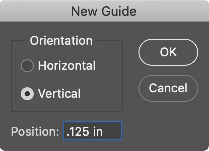 A New Guide panel open with vertical orientation selected.