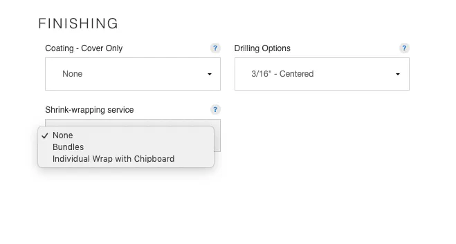 Shrink Wrap Finishing - Smartpress Calculator Options