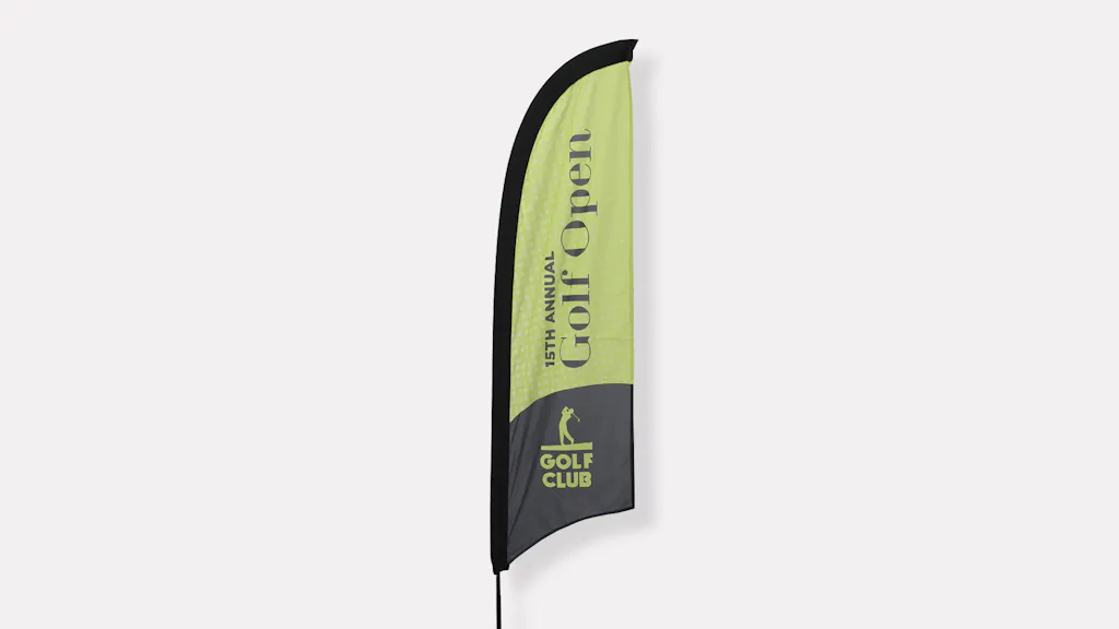 A custom feather flag with a razor flag shape and printed with a green golf design.