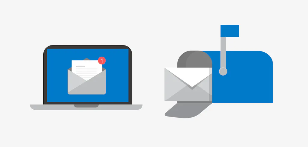 Graphics of a laptop with an email on the screen and a mailbox with a direct mail letter sticking out of it.