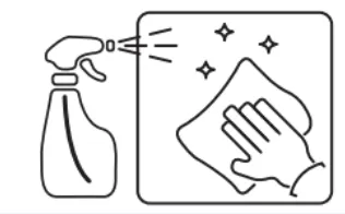A graphic of a spray bottle and a hand wiping a surface clean.