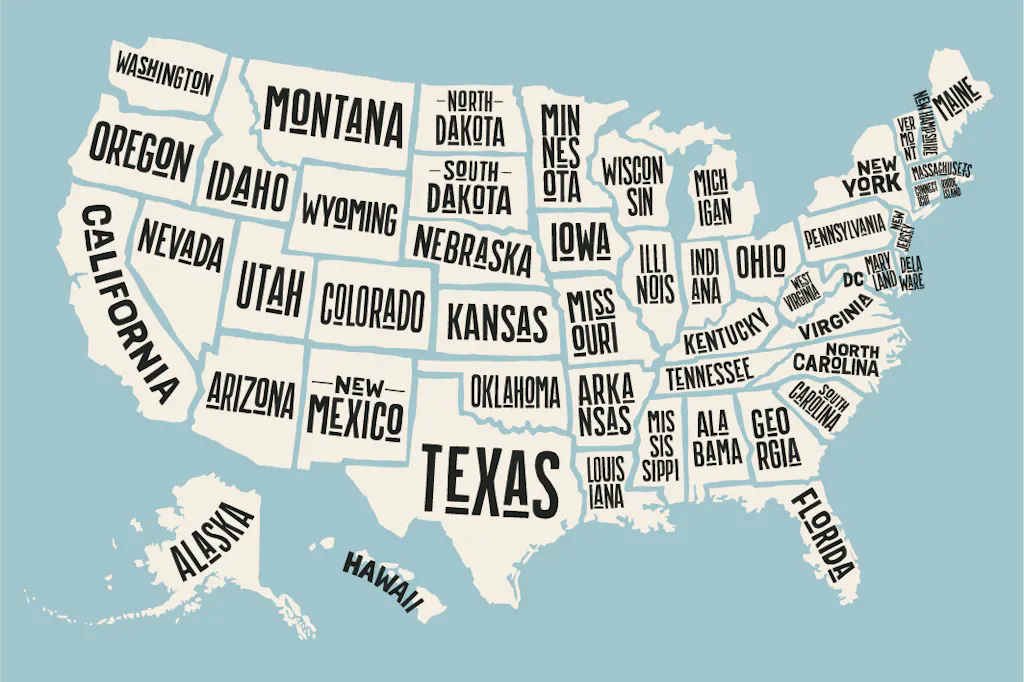 A map of the United States with each state's name over each state.