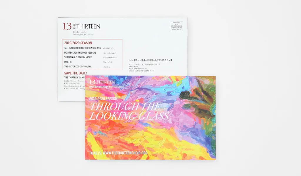 A direct mail postcard printed with a bright, colorful design on the front and event listings on the back.