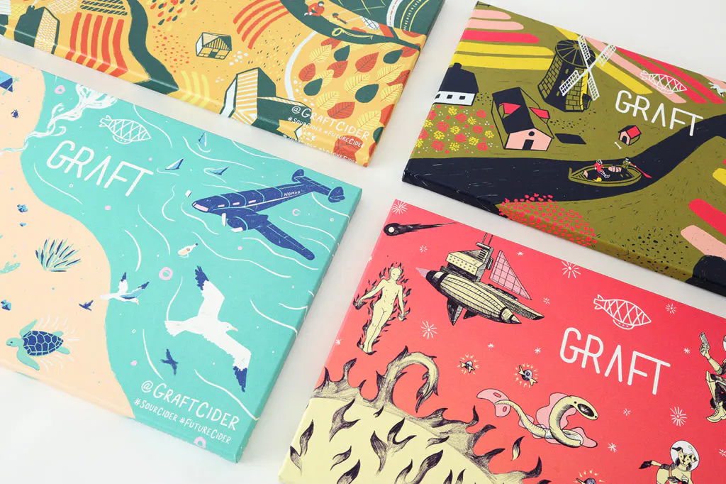 Four custom canvas prints with bright imagery in red, blue, yellow and green.