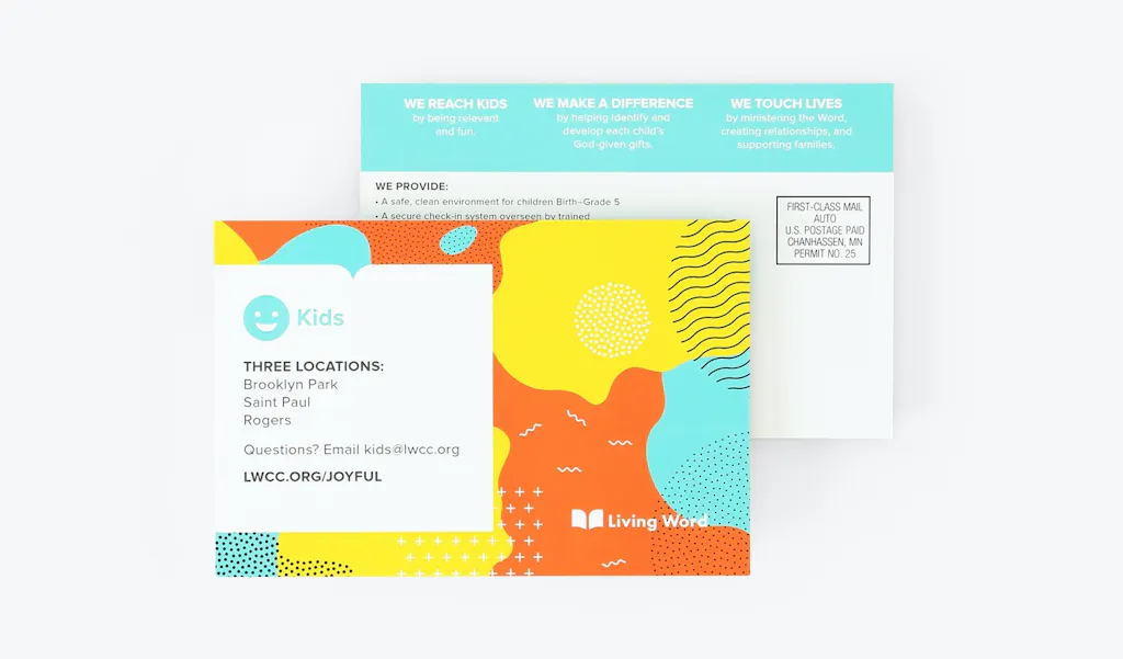 A piece of school direct mail custom printed with a yellow, orange and teal design.