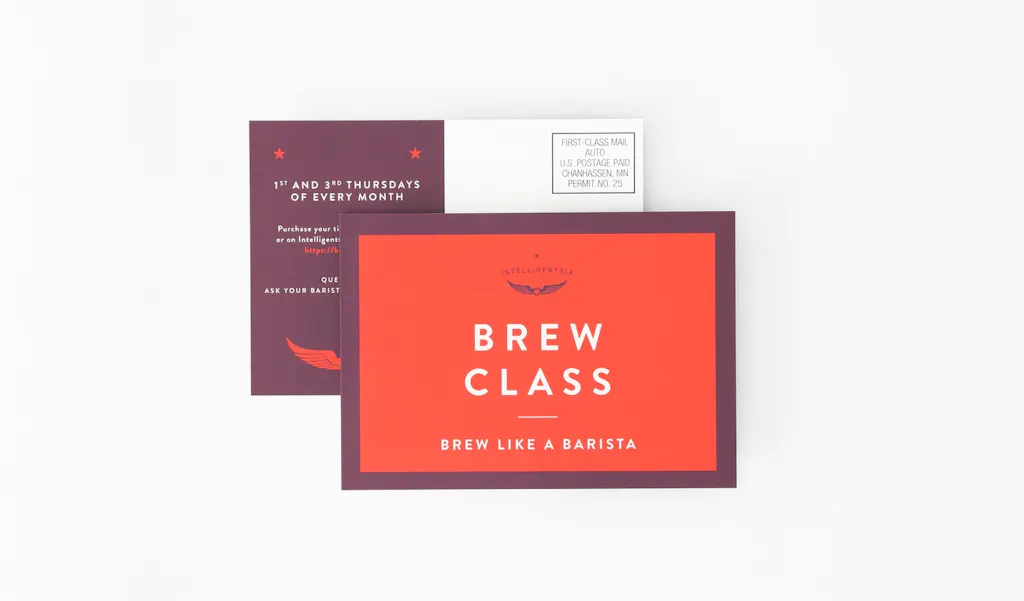 Two direct mail postcards with Brew Class on the front and class details and postage on the back.