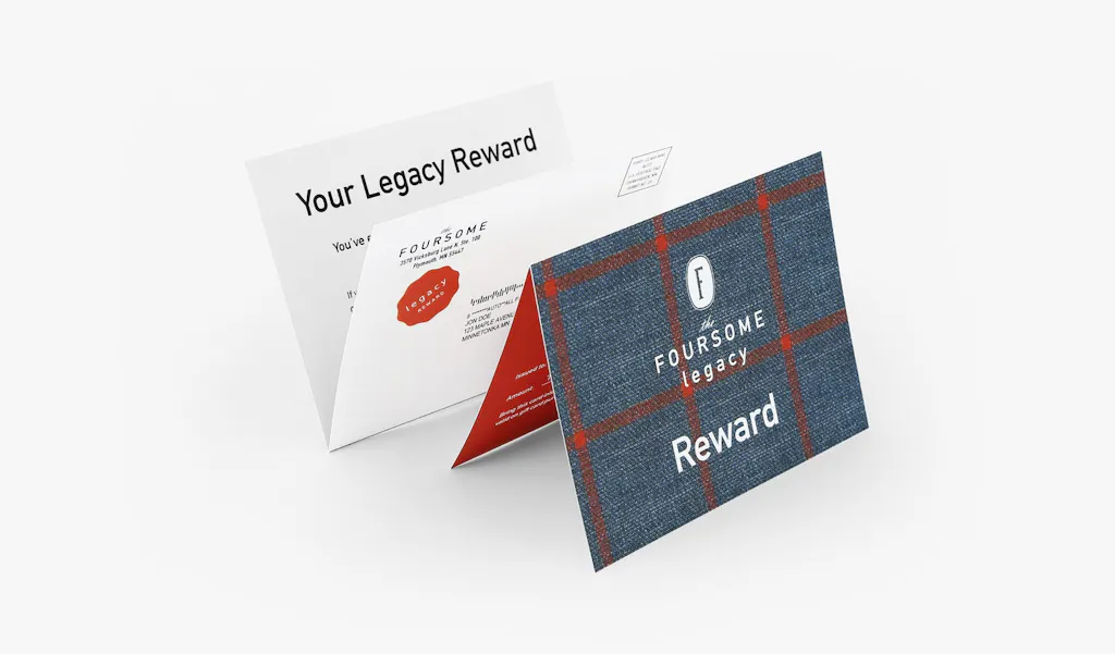 Two direct mail cards printed with The Foursome Legacy Reward and blue and red design.