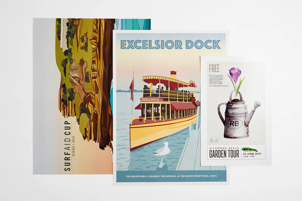 Three custom posters lined up in a row and overlapping each other with various marketing designs.