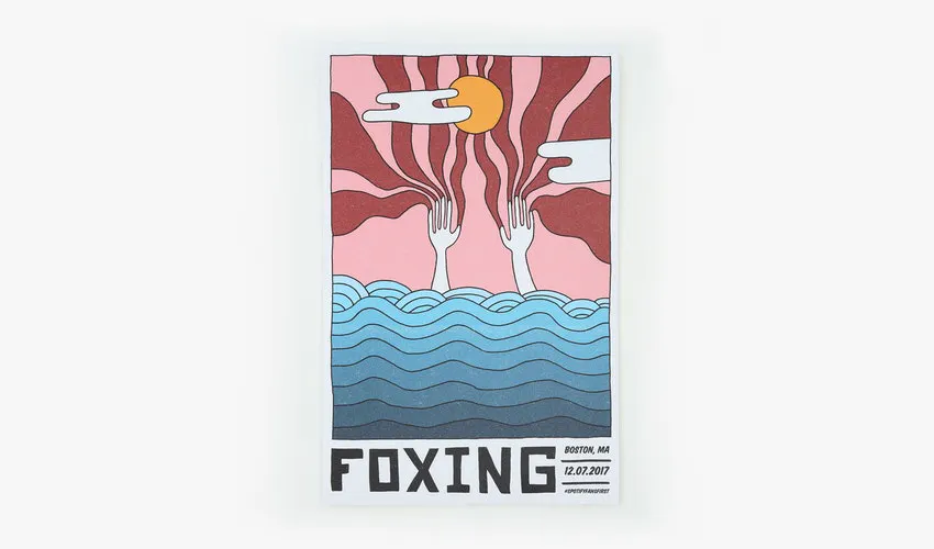 A custom cardstock sign printed with Foxing along the bottom and a water and sun design in blue and red.