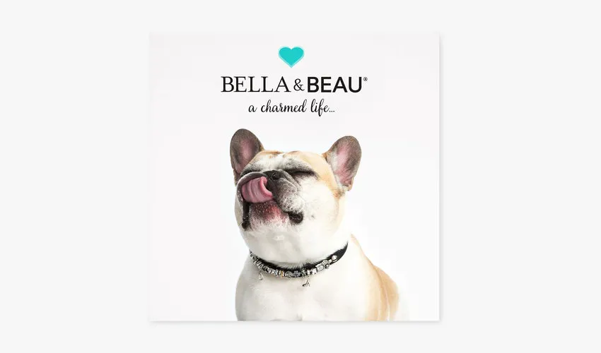 A clear sign printed with Bella & Beau and an image of a French bulldog.