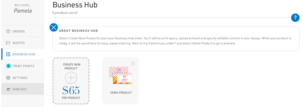The Business Hub section of a Smartpress customer's account.