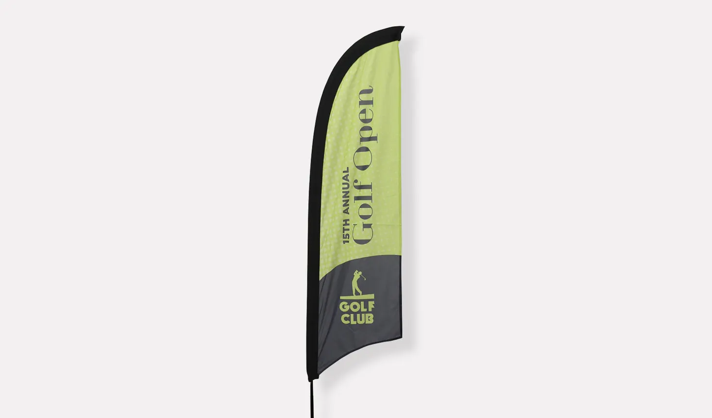 A custom feather flag with a razor flag shape and printed with a green golf design.
