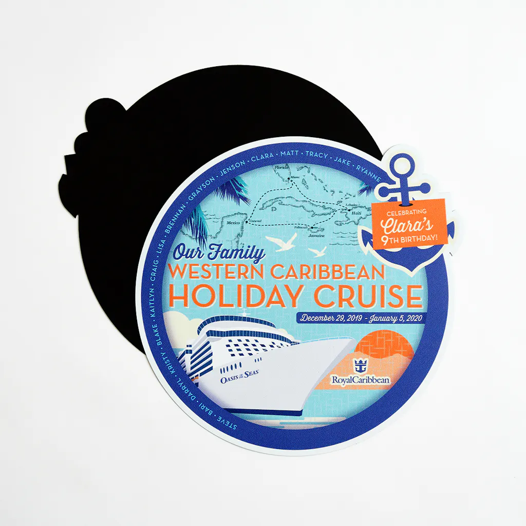 A custom magnet printed with digital die cutting and a cruise design in blue, teal and orange.