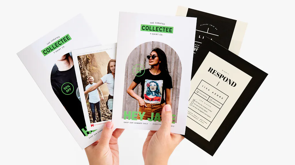 Two hands holding five print products with variable data details.
