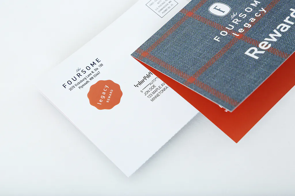 Two direct mailers printed with the Foursome name and branding.