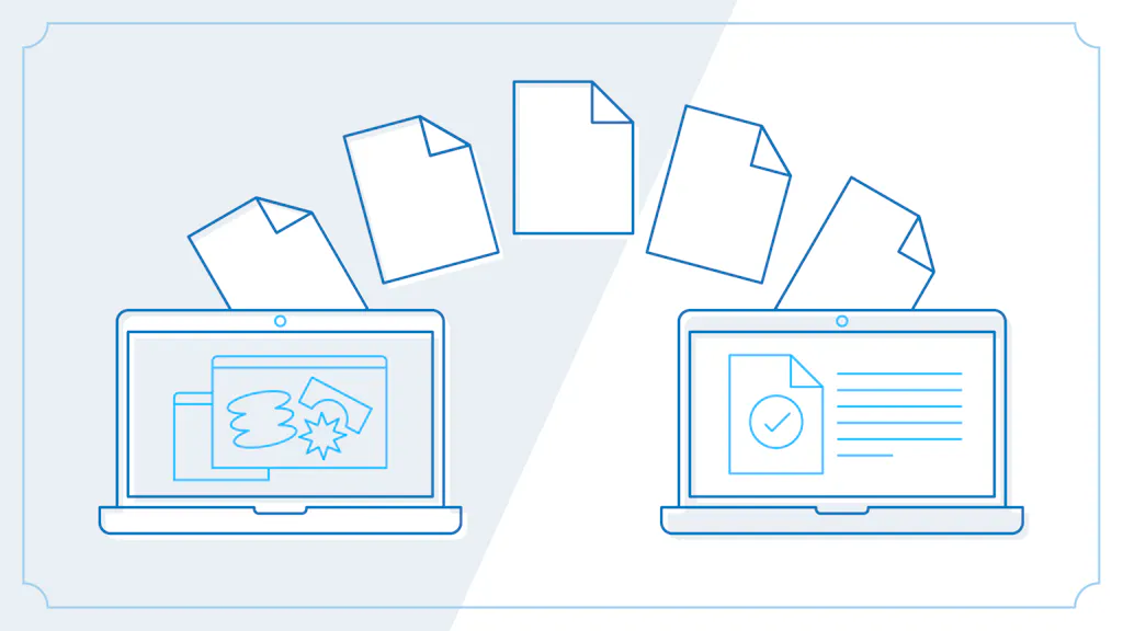 An illustration of FTP service with documents transferring from one laptop to another.