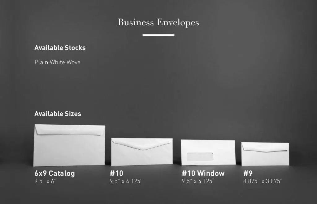 Four business envelopes in different sizes lined up with their names and specs.