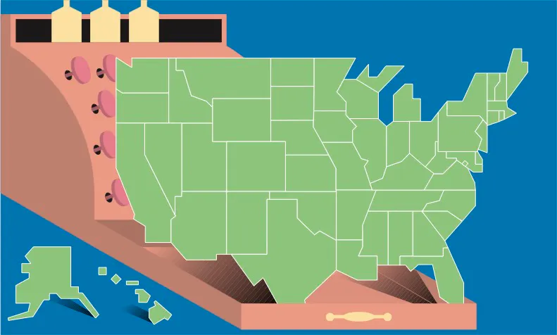 A map of the United States over a cash register representing Smartpress' sales tax policy.