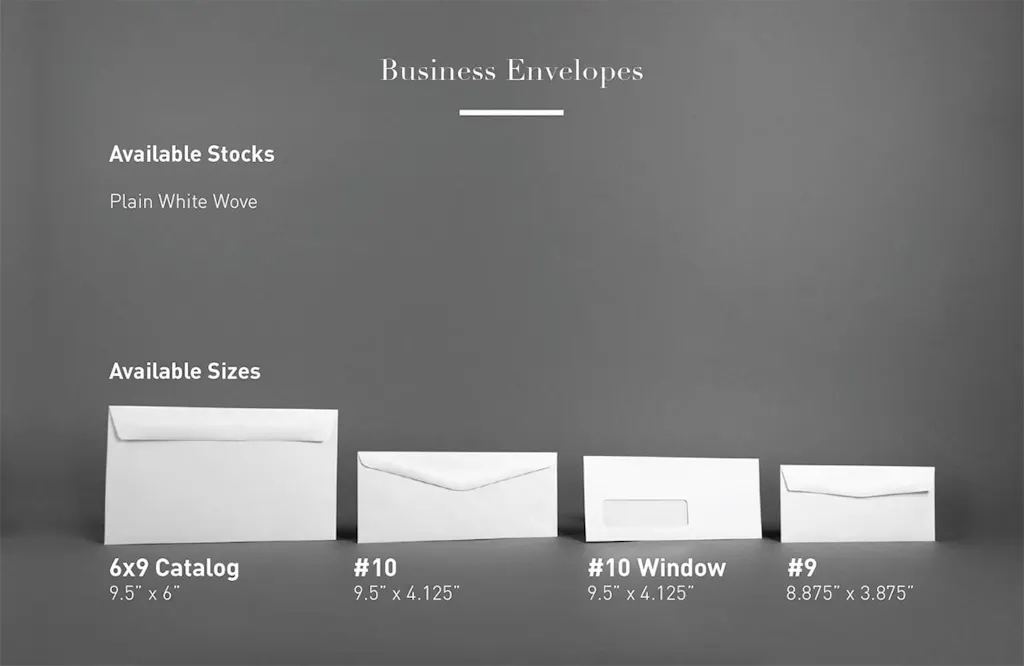 Four business envelopes in various sizes with their name, dimensions and available paper stock.