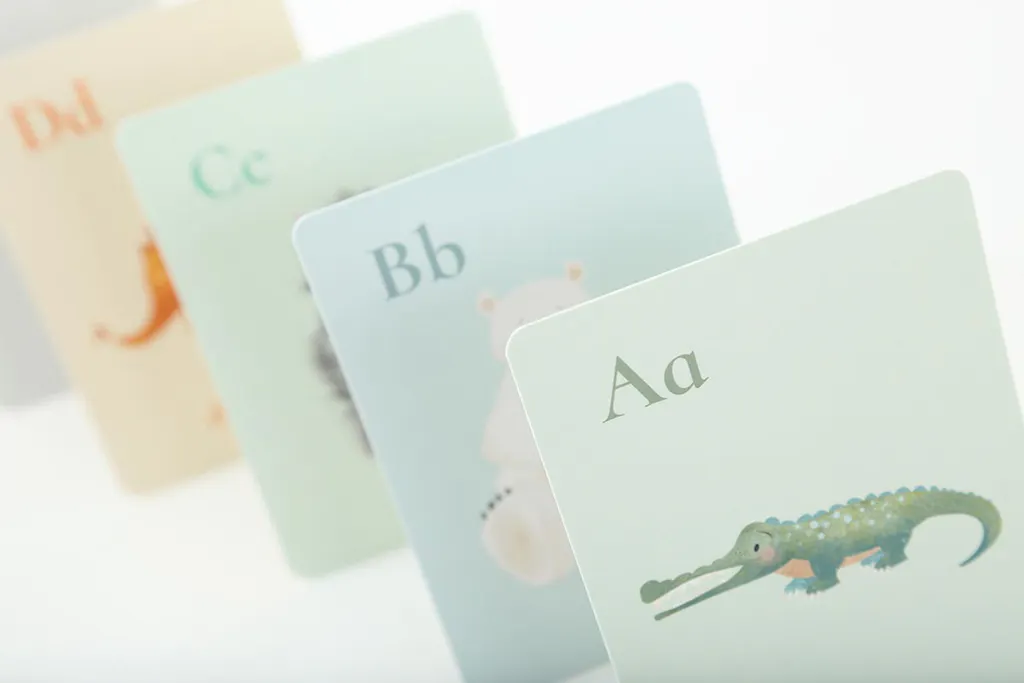 Custom flashcards printed with animals and uppercase and lowercase letters.