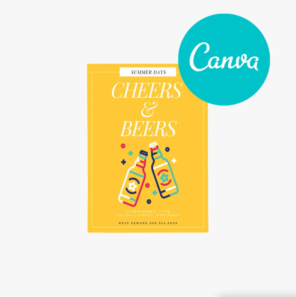 A yellow invitation printed with "Summer Days Cheers & Beers" and a teal Canva logo overlapping the top right corner.