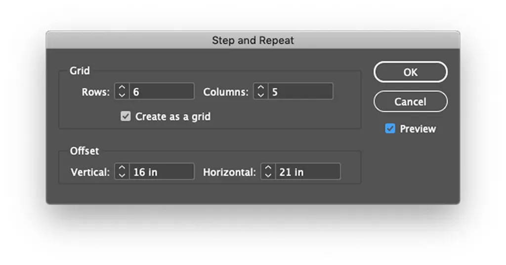 An InDesign panel to adjust rows, columns and spacing when designing a step and repeat banner.