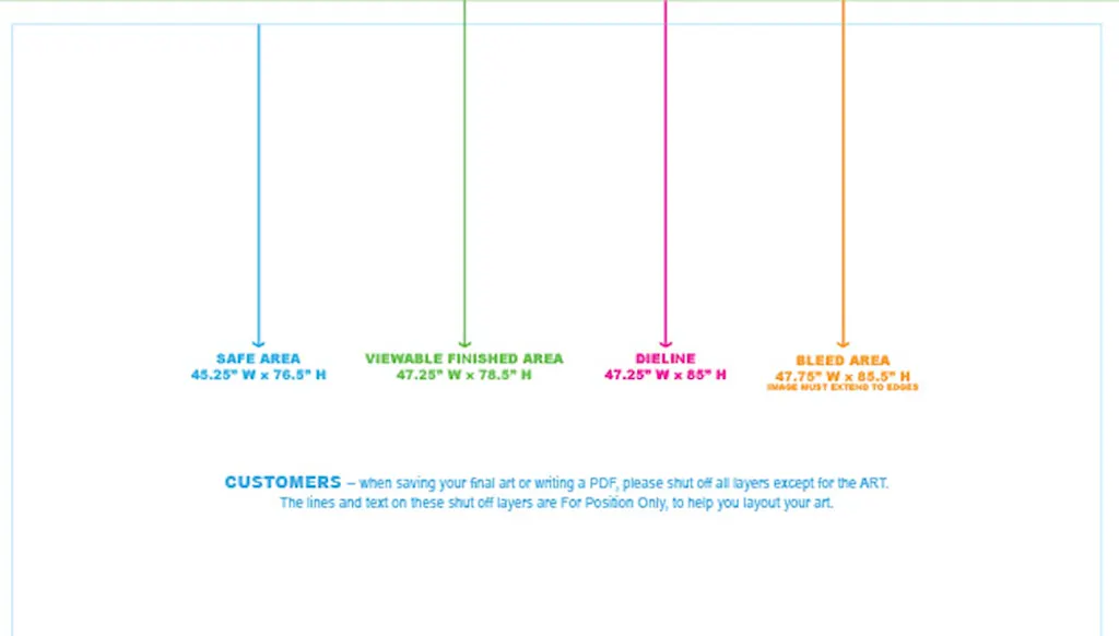 Retractable banner stand graphics guidelines noting the safe area, viewable finished area, dieline and bleed area.