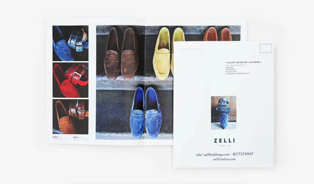 A direct mail booklet overlapping another booklet laying open with images of loafers.