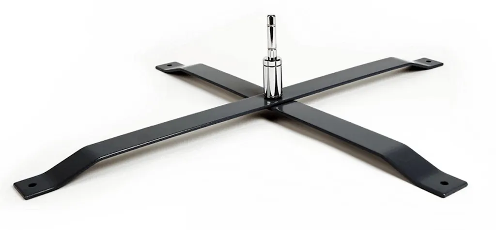 A heavy-duty X base in black and silver for a feather flag.