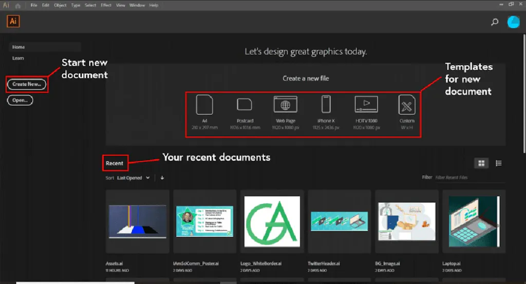 The Adobe Illustrator interface with buttons to create new projects and a list of recent documents.