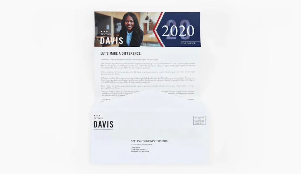A political campaign letter mailer with a matching business envelope.