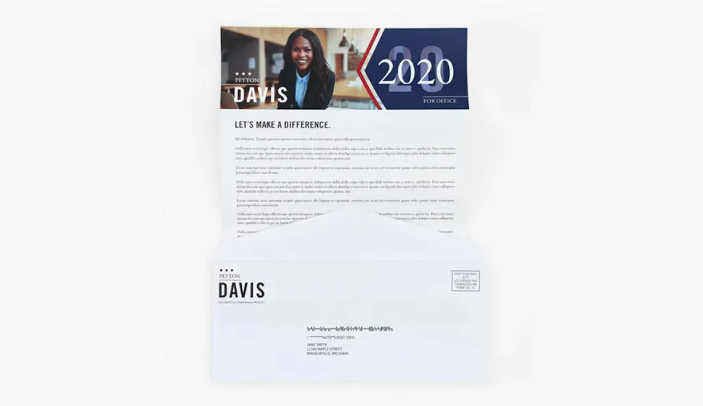 A political campaign letter mailer with a matching business envelope.