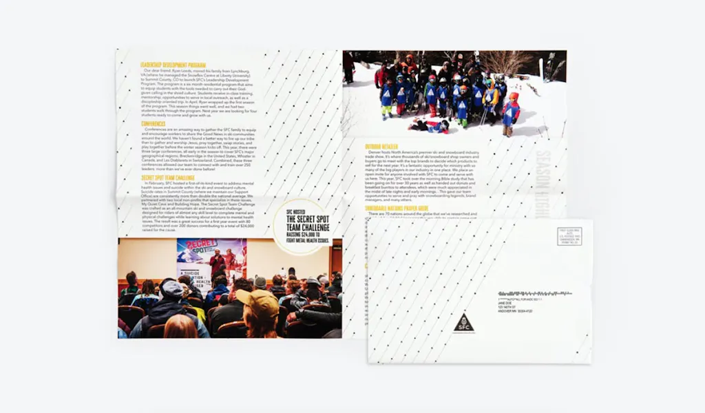 A direct mail newsletter laying open with text and images of kids in snow gear.