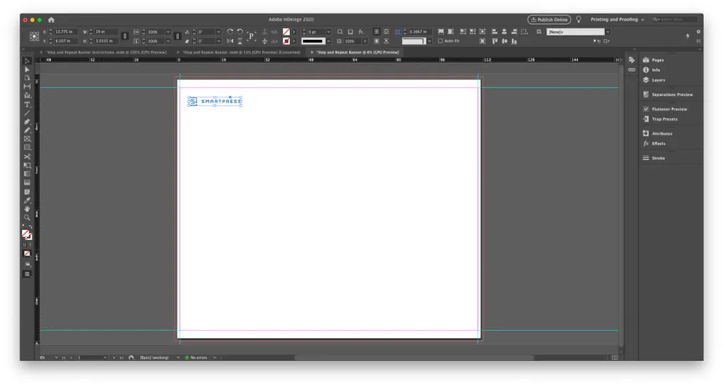 An InDesign panel with a Smartpress name and logo vector graphic being placed on the page.