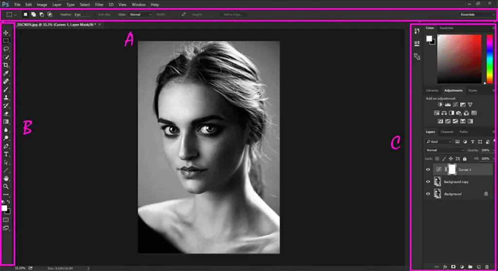The Photoshop workspace with the image of a woman in black and white in the middle and editing panels on the sides.