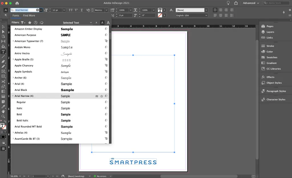 Font editing panels in InDesign.