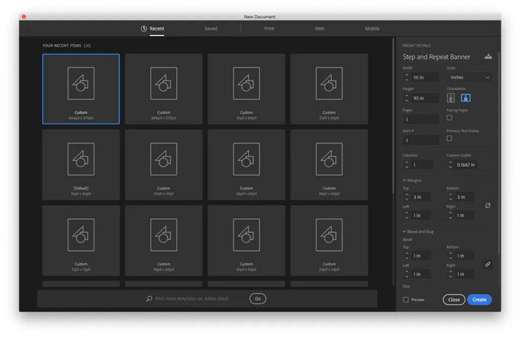 The InDesign panel for starting a new document.