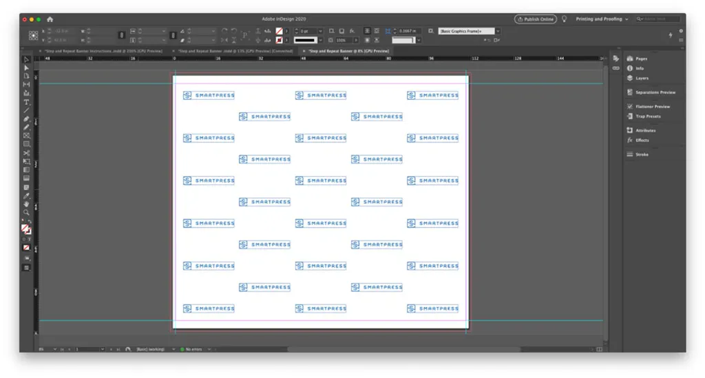 An InDesign panel with the Smartpress name and logo graphic repeated for a step and repeat banner.