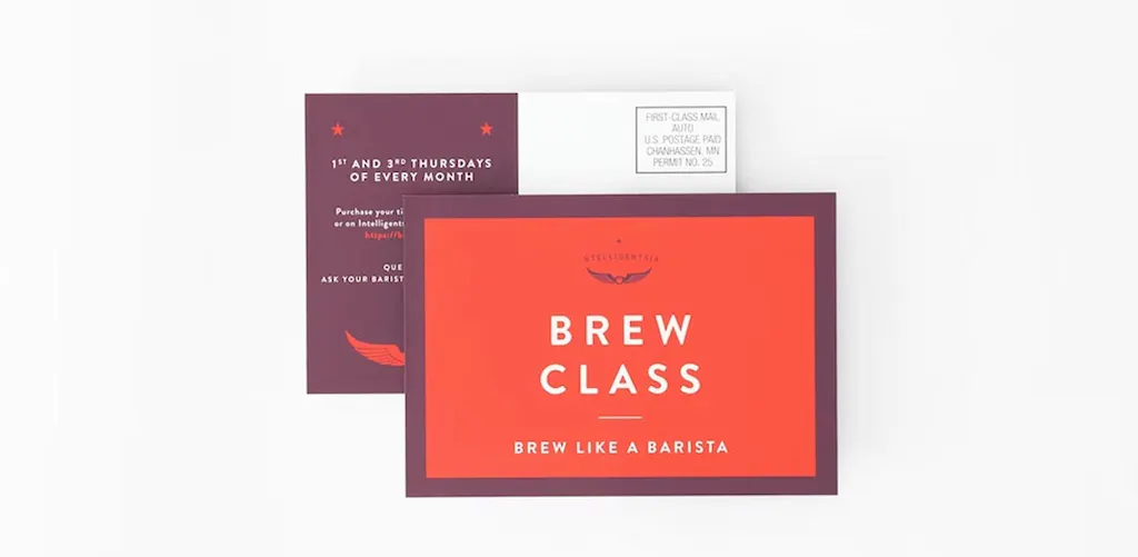 Two direct mail postcards with Brew Class on the front and class details and postage on the back.