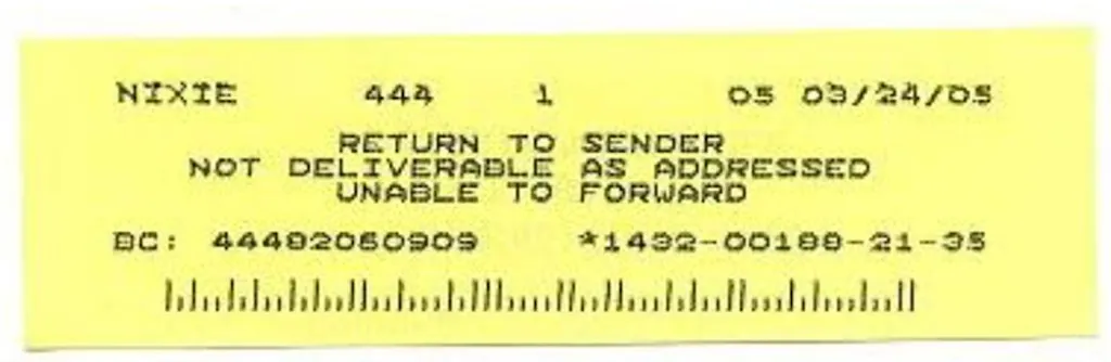 A yellow return mailing label with Return to sender, Not deliverable as addressed and Unable to forward.