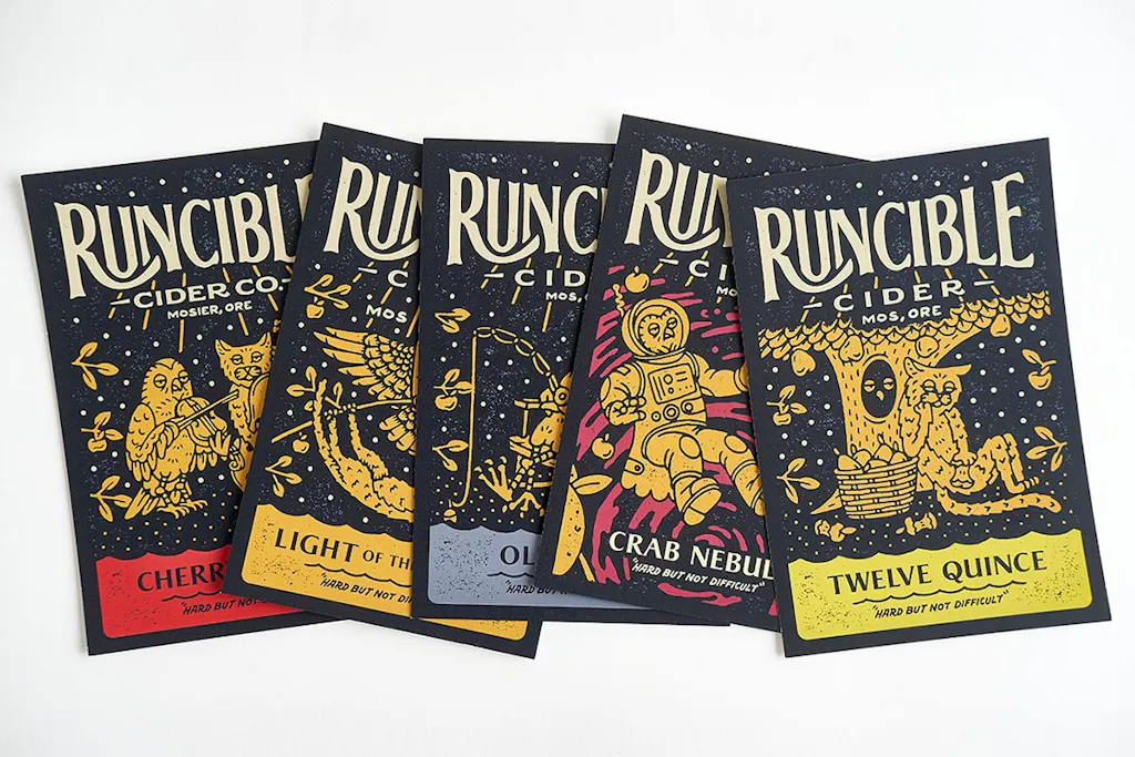 Five custom postcards printed with Runcible Cider at the top and various animal designs in gold, yellow, red and blue.