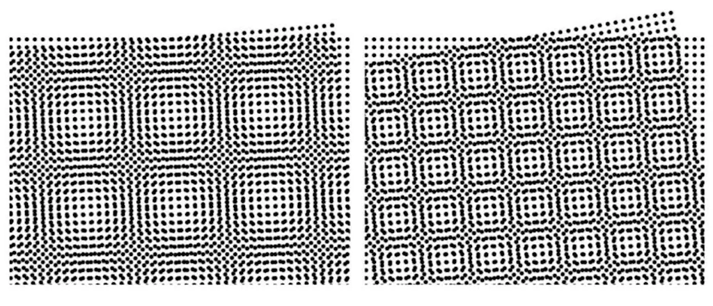 Two halftone moiré dot patterns with overlaid angles at five degrees and the same pattern at 10 degrees apart.