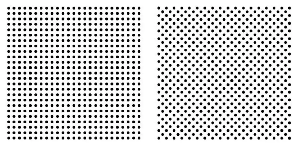 A black and white halftone dot pattern at zero degrees and the same dot pattern rotated at 45 degrees.