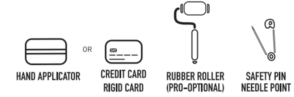 Graphics of four supplies needed to apply a decal, floor graphic or cling.