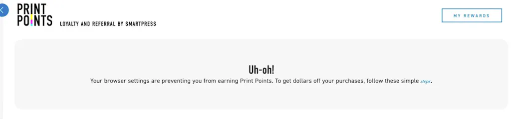 The Smartpress Print Points dashboard showing an error message about browser settings.