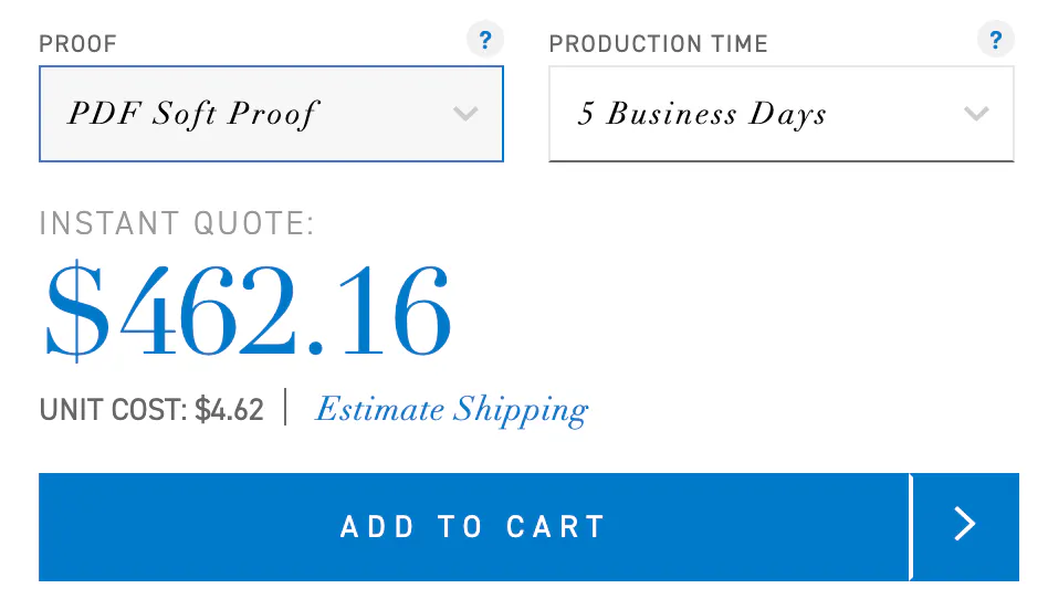 The proof and production time dropdowns above a price quote on a Smartpress product page.